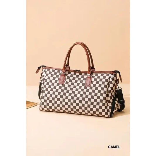 Camel Colored Checkered Weekender Duffle Bag