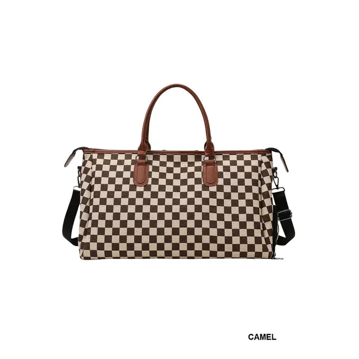Camel Colored Checkered Weekender Duffle Bag