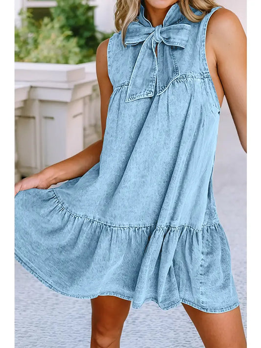 Bowknot Neck Ruffled Sleeveless Chambray Dress