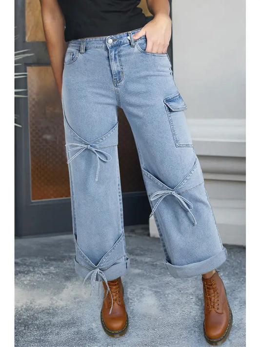 Bowknot Decor Cargo Boyfriend Jeans