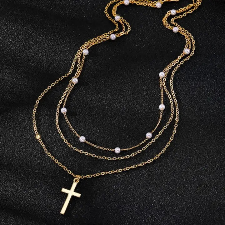 Multi-Layered 18k Stainless Steel Tarnish Free Gold Chain Cross Necklace