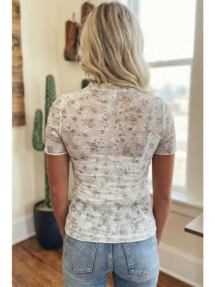 Floral Mock Neck Short Sleeve Mesh Top