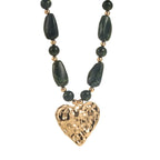 Hammered Heart Pendant Green Beaded Necklace