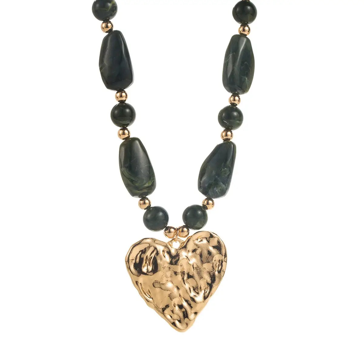 Hammered Heart Pendant Green Beaded Necklace