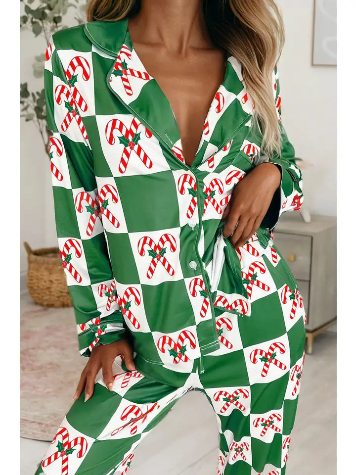 Holly Jolly Green Checkered Christmas Two-Piece Pajama Set