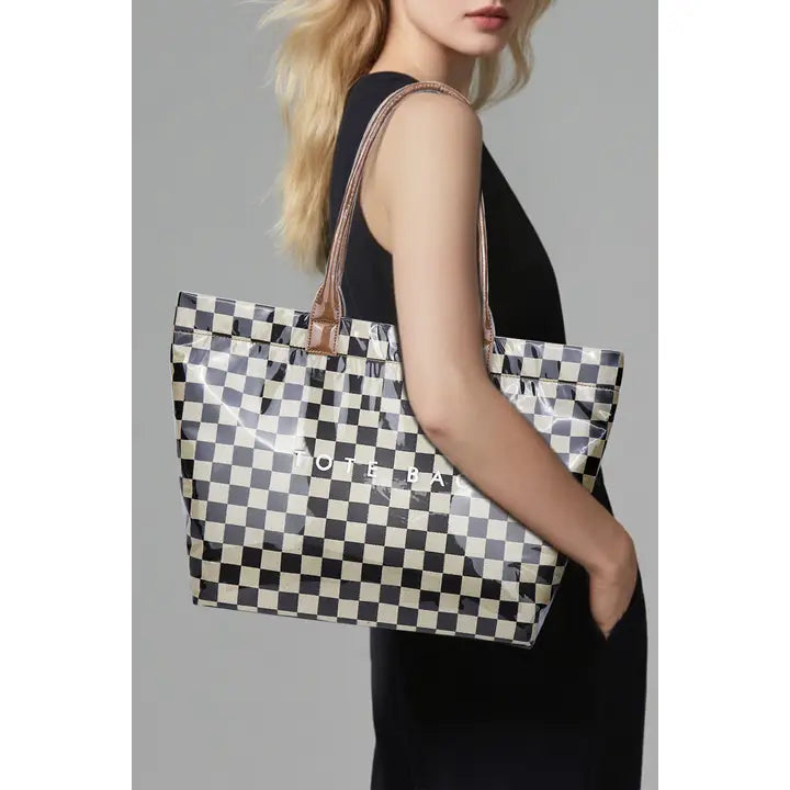 Checkered Glossy Pu Leather Tote Bag