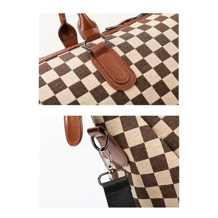 Camel Colored Checkered Weekender Duffle Bag