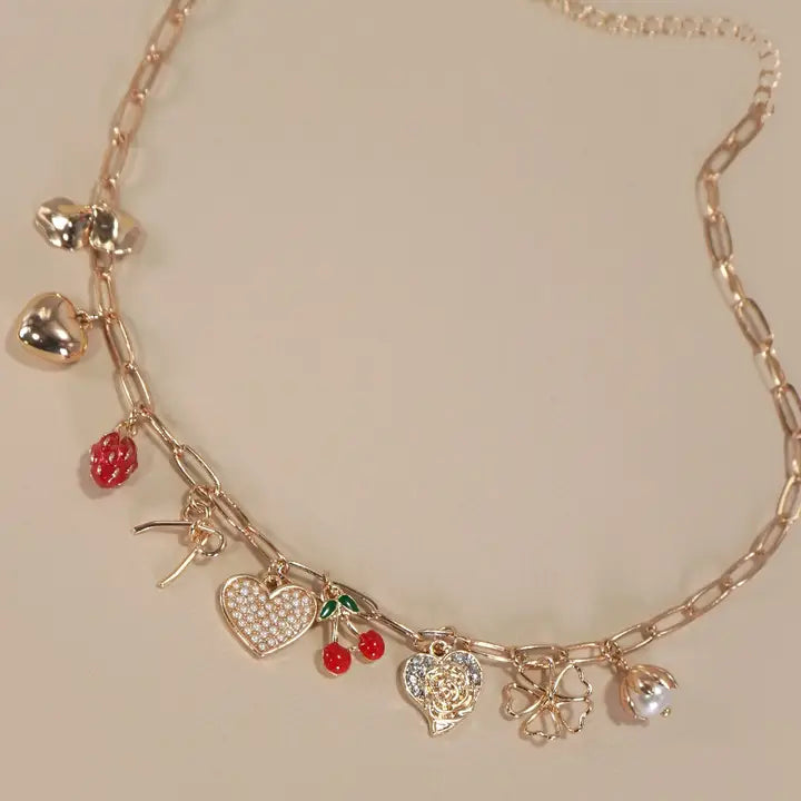 Multi Charm Cherry Bow Heart Necklace