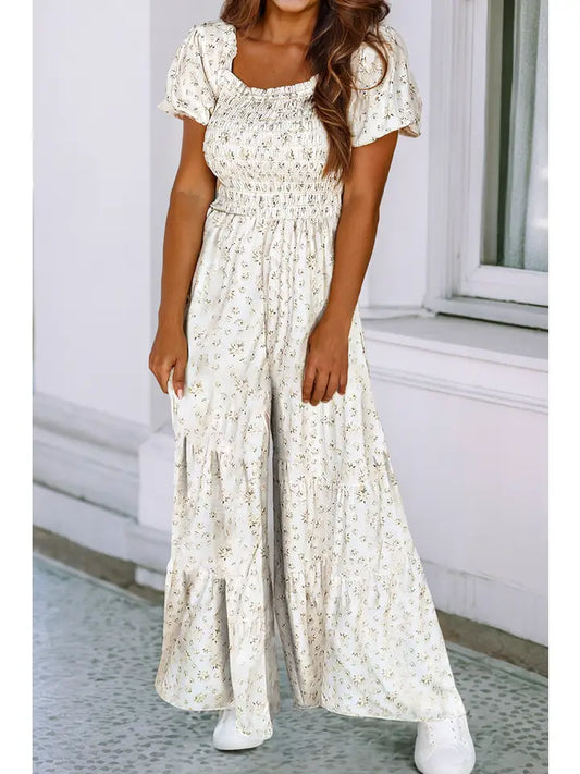 Floral Smocked Wide Leg Short Puff Sleeve Jumpsuit